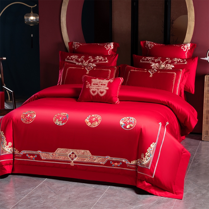 91家纺网 家纺一手货源 找家纺 博之洋婚庆 2025新款全棉长绒棉刺绣新中式婚庆系列多件套江山如画早生贵子