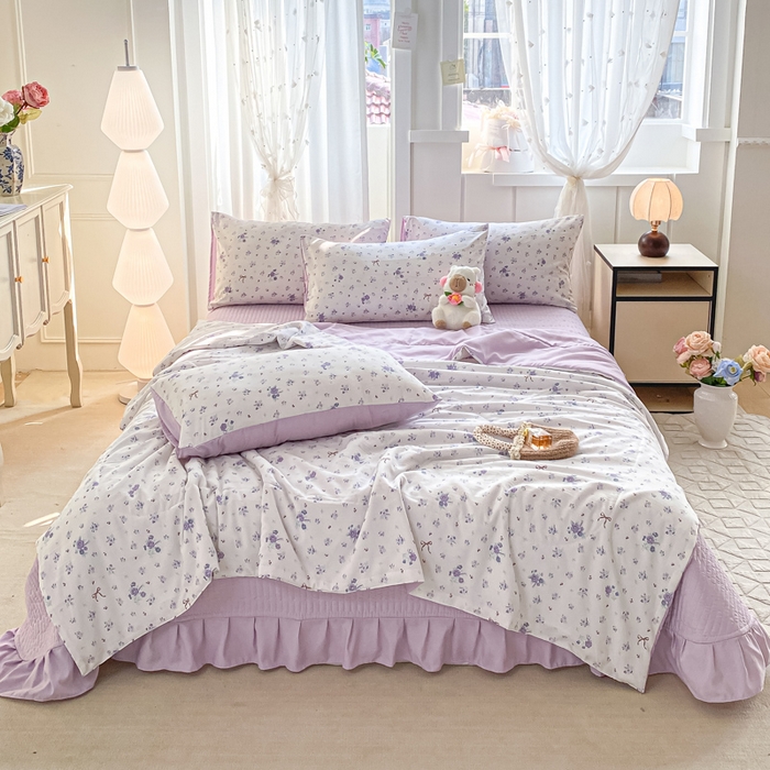 91家纺网 家纺一手货源 找家纺 2025新款针织双层纱夏被床盖四件套单夏被单床盖单品 紫色香氛