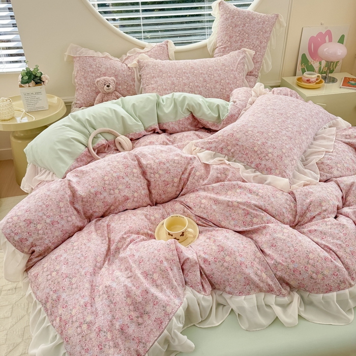 91家纺网 家纺一手货源 找家纺 苏拉家居 2025新款雪纺花边云感提花针织双层纱四件套 蔷薇花开