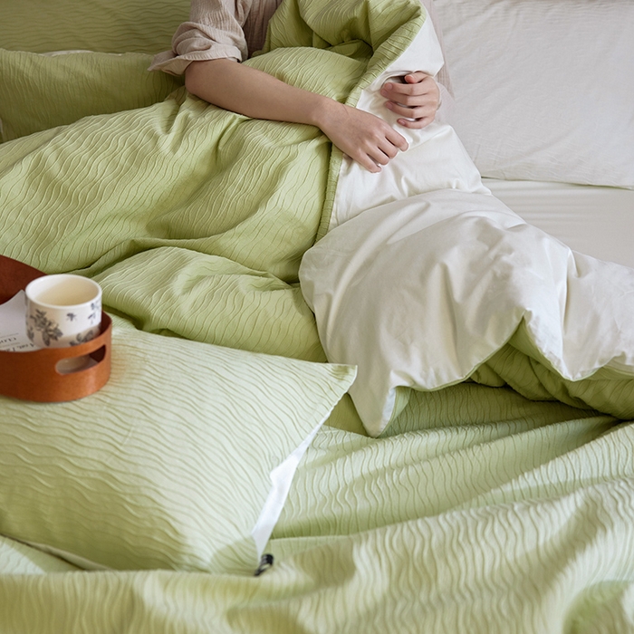 91家纺网 家纺一手货源 找家纺 风向标家纺 2025新款全棉波纹纱提花原木风四件套 波纹纱-心漾绿