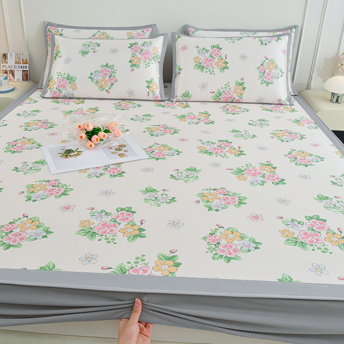 91家纺网 家纺一手货源 找家纺 简一 2025新款A类碳光印花数码冰丝凉席系列-床笠款 满园春色