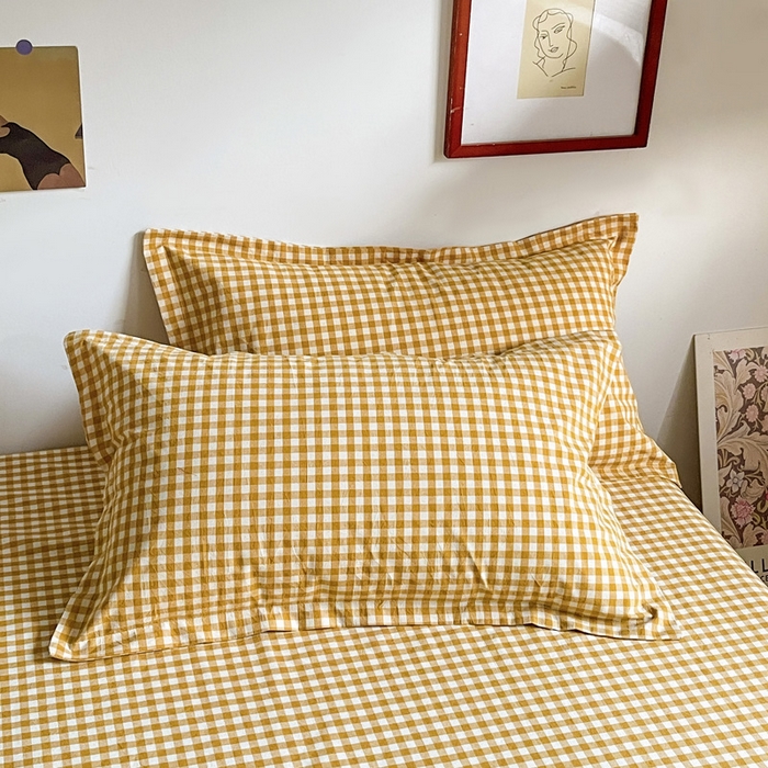 91家纺网 家纺一手货源 找家纺 久云居 2025新款亲肤舒适全棉色织防水床单 黄小格