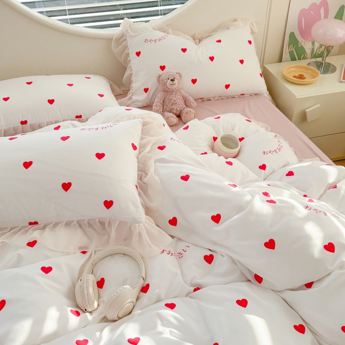 91家纺网 家纺一手货源 找家纺 苏拉家居 2025新款雪纺花边云感提花针织双层纱四件套 爱你哟