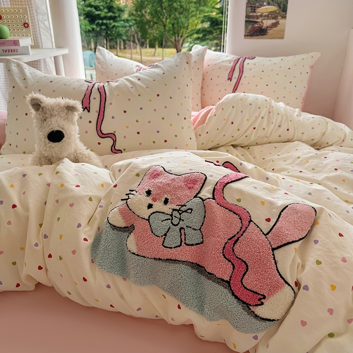 91家纺网 家纺一手货源 找家纺 耀达家居 2025新款A类水洗棉毛巾绣四件套 甜心猫咪