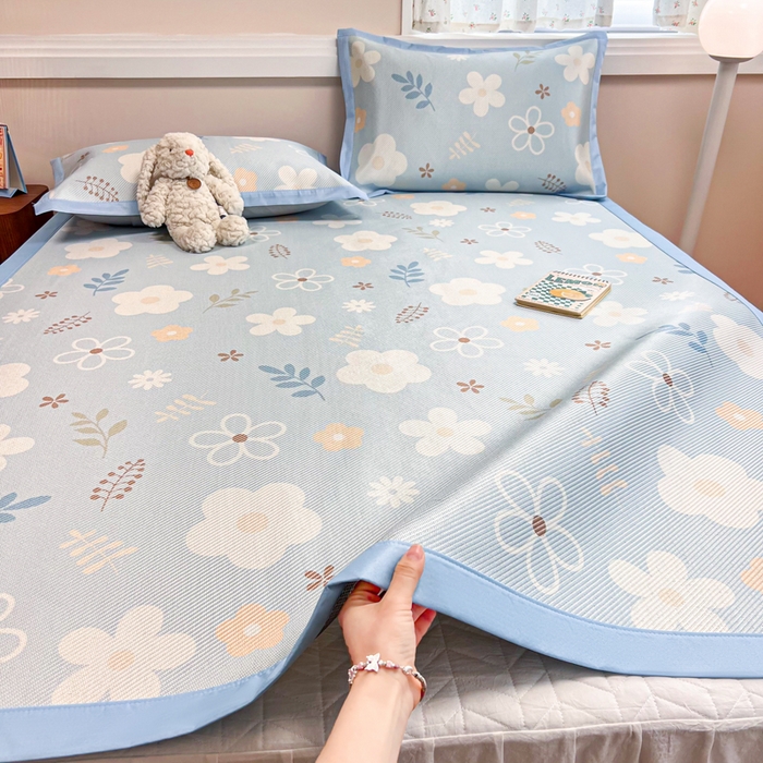 91家纺网 家纺一手货源 找家纺 慕尚家纺 2025新款数码印花床席床笠款冰藤席 床席款-花朵蓝