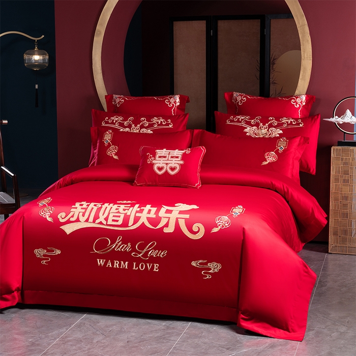 91家纺网 家纺一手货源 找家纺 博之洋婚庆 2025新款全棉长绒棉刺绣新中式婚庆系列多件套新婚快乐