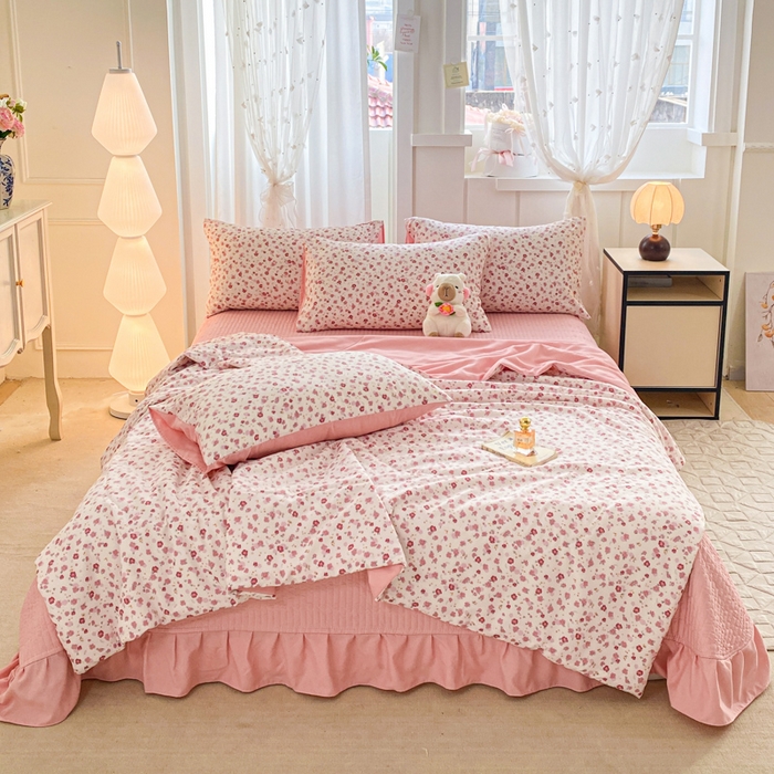 91家纺网 家纺一手货源 找家纺 2025新款针织双层纱夏被床盖四件套单夏被单床盖单品 春日小花