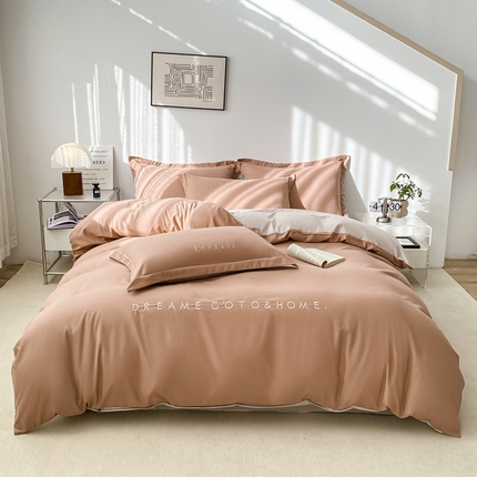 91家纺网 家纺一手货源 找家纺 芷凡家纺 2025新款水洗磨毛刺绣四件套-梦想 梦想-红咖+杏色