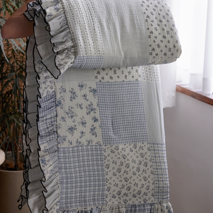 91家纺网 家纺一手货源 找家纺 安莱生活 2025新款全棉精梳棉双层纱绉纱数码印花四件套 百家布-蓝