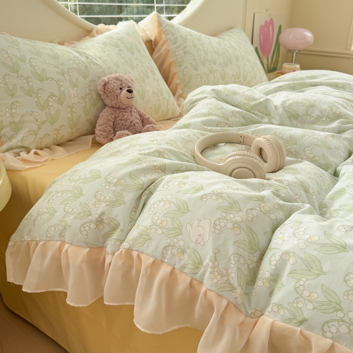 91家纺网 家纺一手货源 找家纺 苏拉家居 2025新款雪纺花边云感提花针织双层纱四件套 风铃草