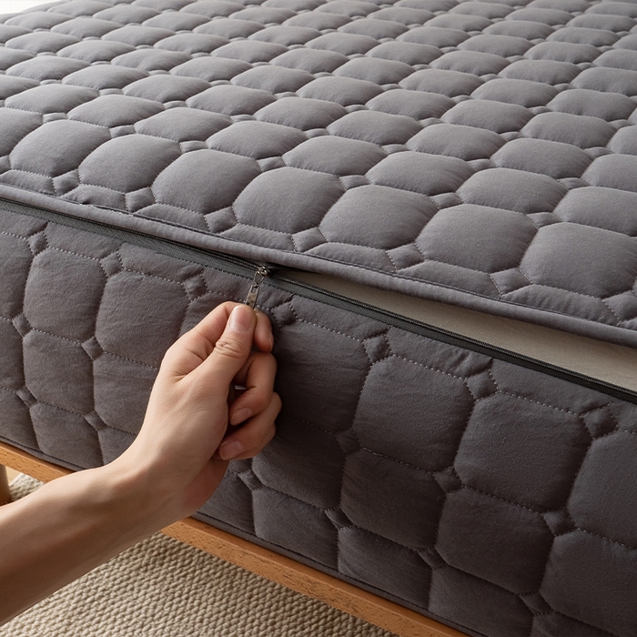 91家纺网 家纺一手货源 找家纺 叠派家纺 2025新款5A抗菌A类夹棉床笠经典款防水款系列 五面夹棉-经典格星空灰