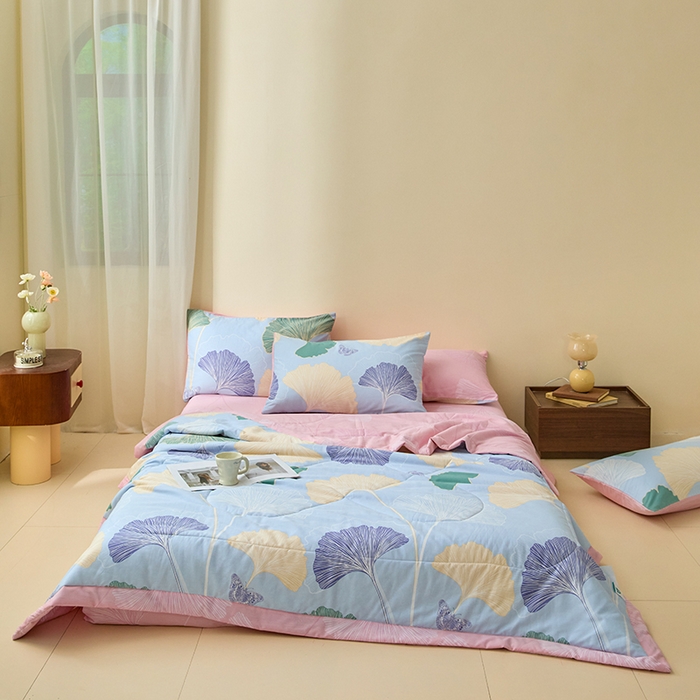 91家纺网 家纺一手货源 找家纺 宝士康家纺 2025新款10A抗菌全棉夏被 被子被芯 蝶舞杏运