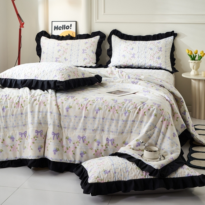 91家纺网 家纺一手货源 找家纺 蝶帕家纺 2025新款法式赫本风韩版花边床盖款夏被四件套 氧气周末