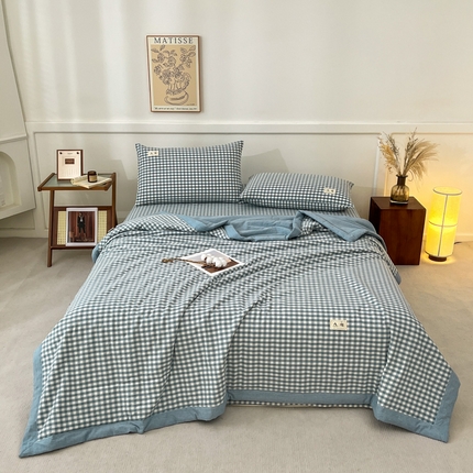 21度C 2025新款色织全棉夏被四件套 蓝小格