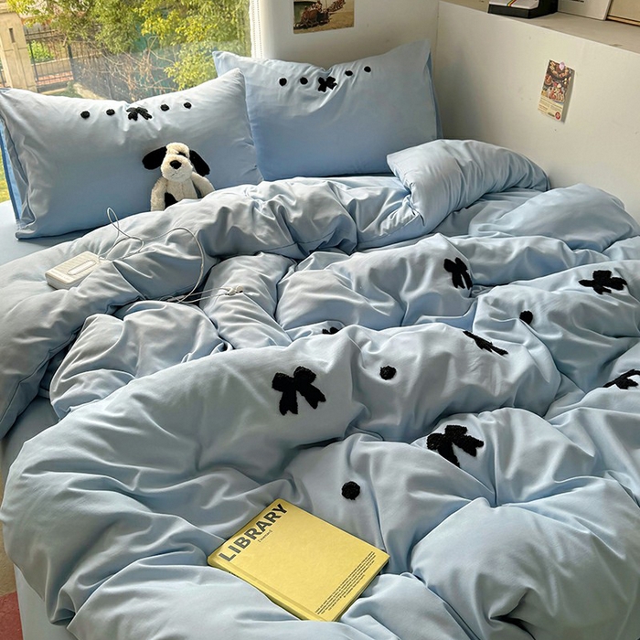 91家纺网 家纺一手货源 找家纺 耀达家居 2025新款A类水洗棉毛巾绣四件套 蝴蝶结-蓝