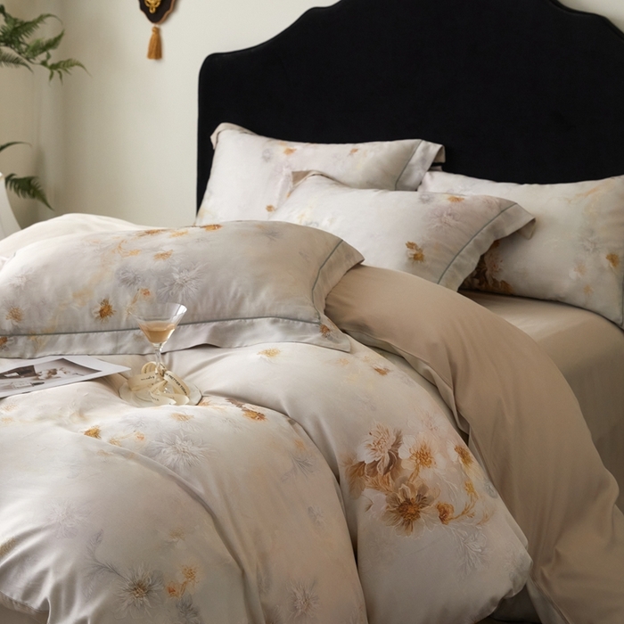 91家纺网 家纺一手货源 找家纺 金奇达家纺 2025新款竹玉清丝四件套-雅韵【标准号全网控价（折后券后）不低于元228元】 浅调暖情-杏色