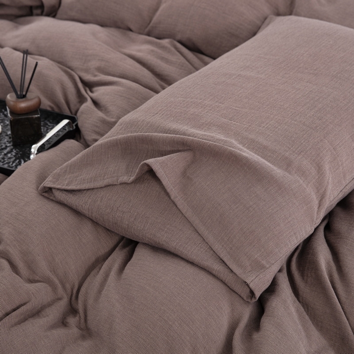 91家纺网 家纺一手货源 找家纺 （总）2025新款全棉色织双层纱拉链款四件套 千禧格-咖