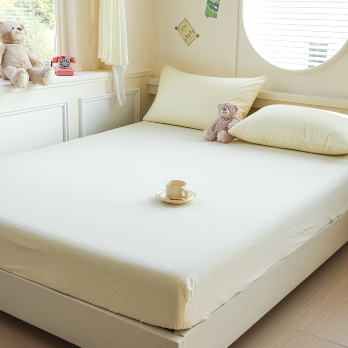 91家纺网 家纺一手货源 找家纺 2025新款全棉A类简约素色水洗棉纯棉单床笠 奶黄