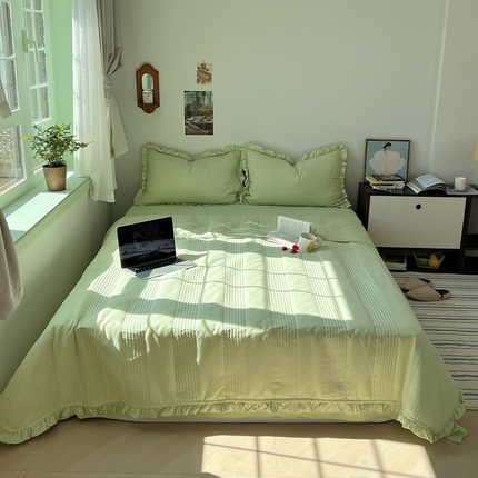 91家纺网 家纺一手货源 找家纺 六巷胡同 2025新款韩国INS博主同款绗缝水洗纱夏被四件套 元气绿