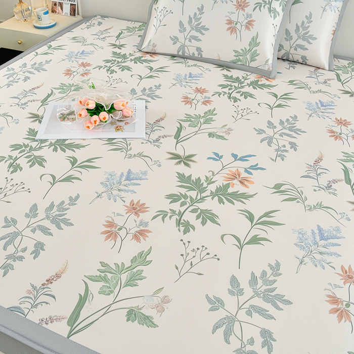 91家纺网 家纺一手货源 找家纺 简一 2025新款A类碳光印花数码冰丝凉席系列-床笠款 花间细雨