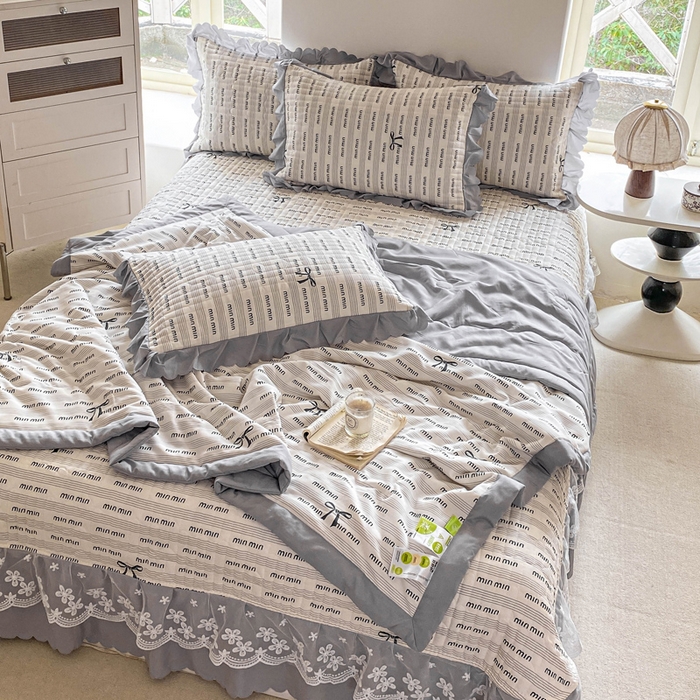 91家纺网 家纺一手货源 找家纺 2025新款直播热款A类针织棉双层纱床盖款夏被四件套 min-灰