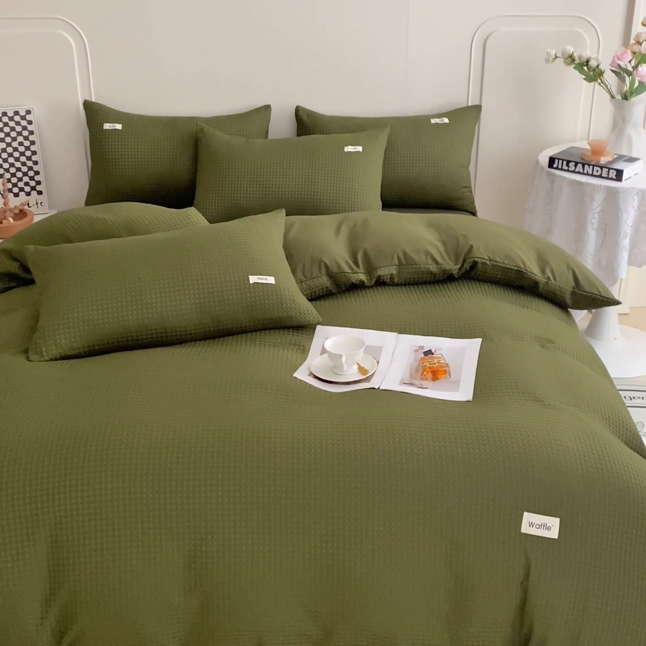 91家纺网 家纺一手货源 找家纺 仟网汇 2025新款华夫格森语系列四件套北欧简约风 抹茶