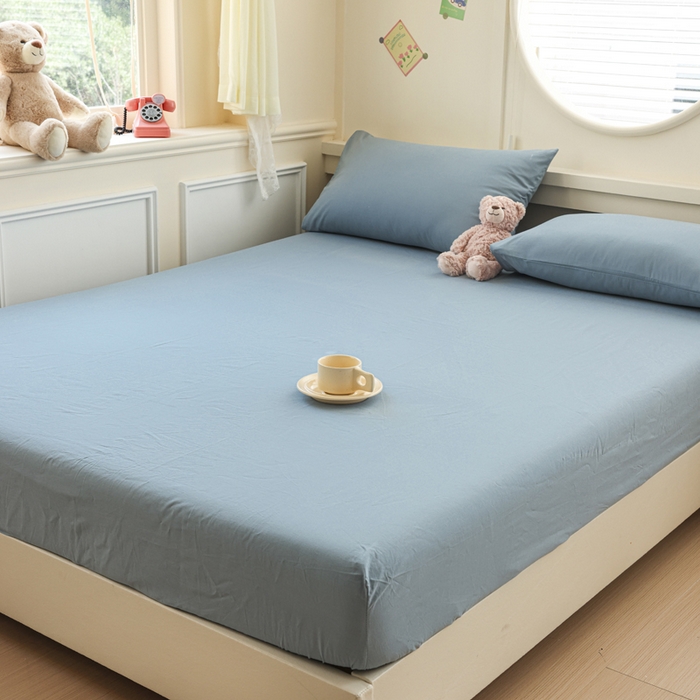 91家纺网 家纺一手货源 找家纺 2025新款全棉A类简约素色水洗棉纯棉单床笠 浅蓝