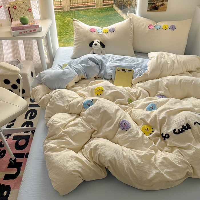 91家纺网 家纺一手货源 找家纺 耀达家居 2025新款A类水洗棉毛巾绣四件套 奇趣豆-燕麦