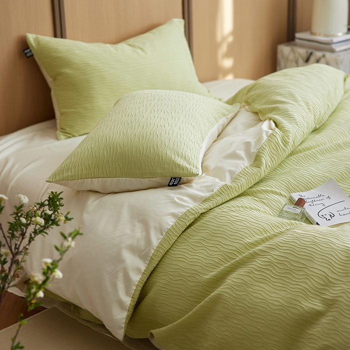 91家纺网 家纺一手货源 找家纺 风向标家纺 2025新款全棉波纹纱提花原木风四件套 波纹纱-心漾绿