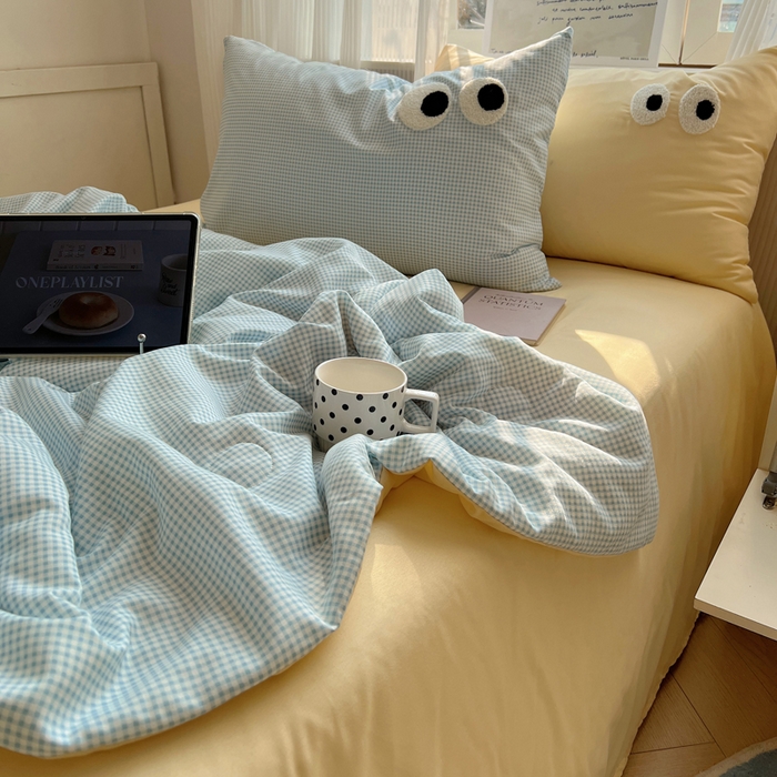 91家纺网 家纺一手货源 找家纺 慕尚家纺 2025新款大眼萌仔夏被 大眼萌 蓝格黄