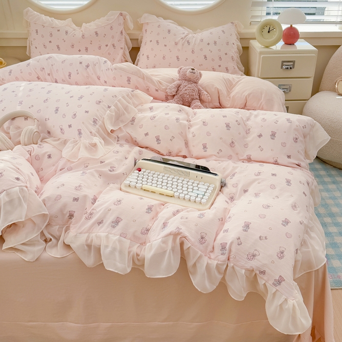 91家纺网 家纺一手货源 找家纺 苏拉家居 2025新款雪纺花边云感提花针织双层纱四件套 宠你