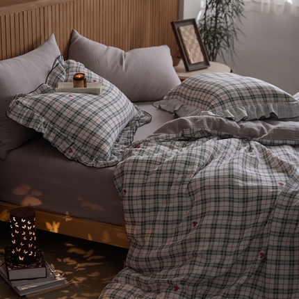 安莱生活 2025新款全棉精梳棉双层纱绉纱数码印花四件套 海派甜心-灰