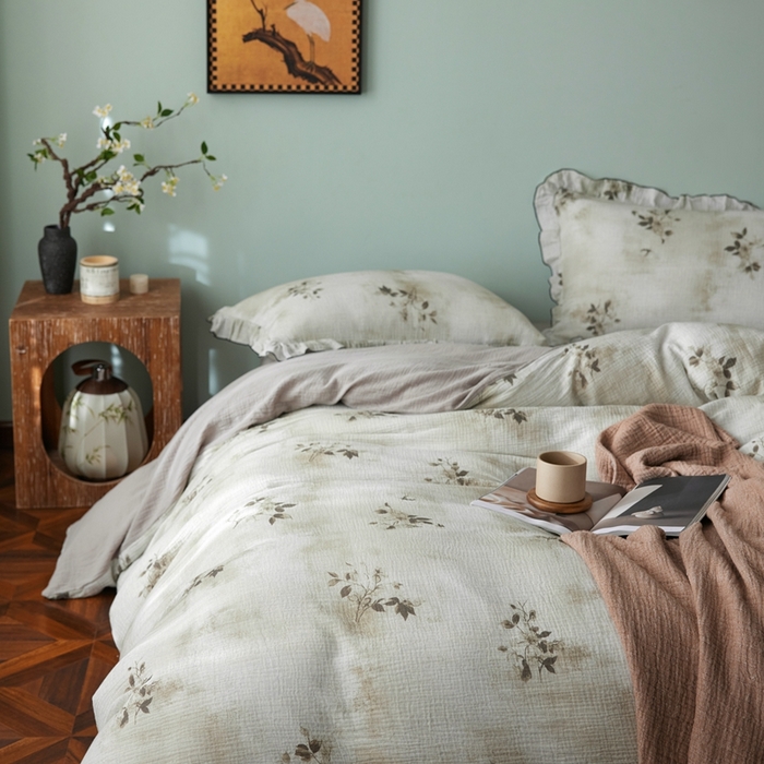 91家纺网 家纺一手货源 找家纺 安莱生活 2025新款全棉精梳棉双层纱绉纱数码印花四件套 云屿间-绿