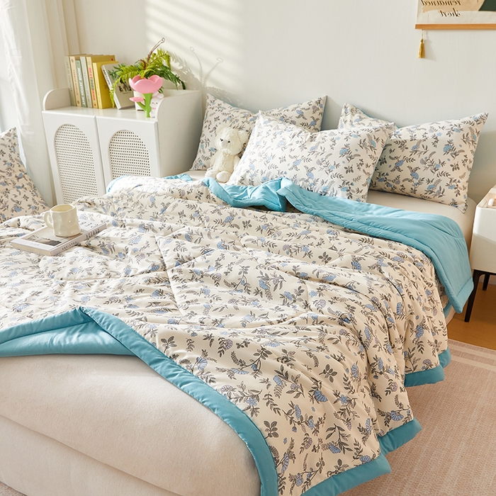 91家纺网 家纺一手货源 找家纺 海洋家纺 2025款水洗棉纯棉花夏凉被全棉花印花夏被空调被薄被子 满庭蓝