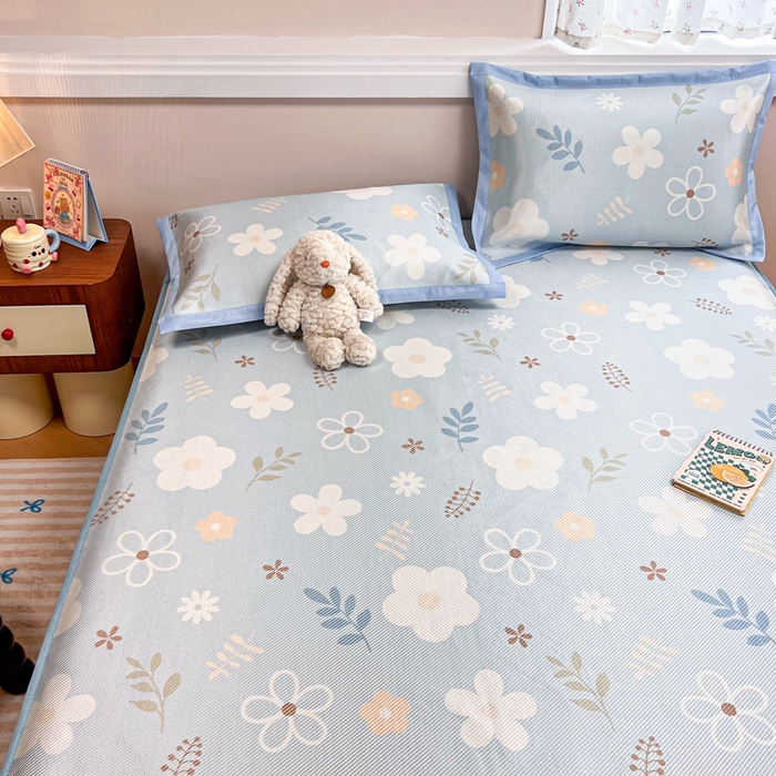 91家纺网 家纺一手货源 找家纺 慕尚家纺 2025新款数码印花床席床笠款冰藤席 床笠款-花朵蓝