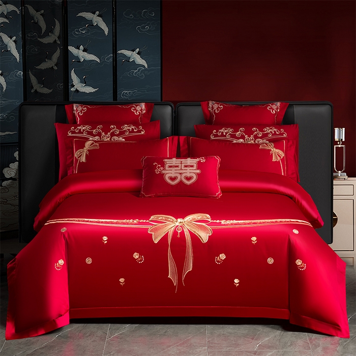 91家纺网 家纺一手货源 找家纺 博之洋婚庆 2025新款全棉长绒棉刺绣新中式婚庆系列多件套幸福快乐