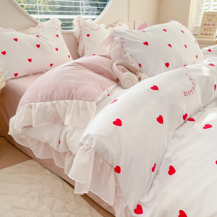 91家纺网 家纺一手货源 找家纺 苏拉家居 2025新款雪纺花边云感提花针织双层纱四件套 爱你哟