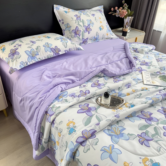 91家纺网 家纺一手货源 找家纺 宝士康家纺 2025新款10A抗菌双层纱印花夏被四件套 花仙子