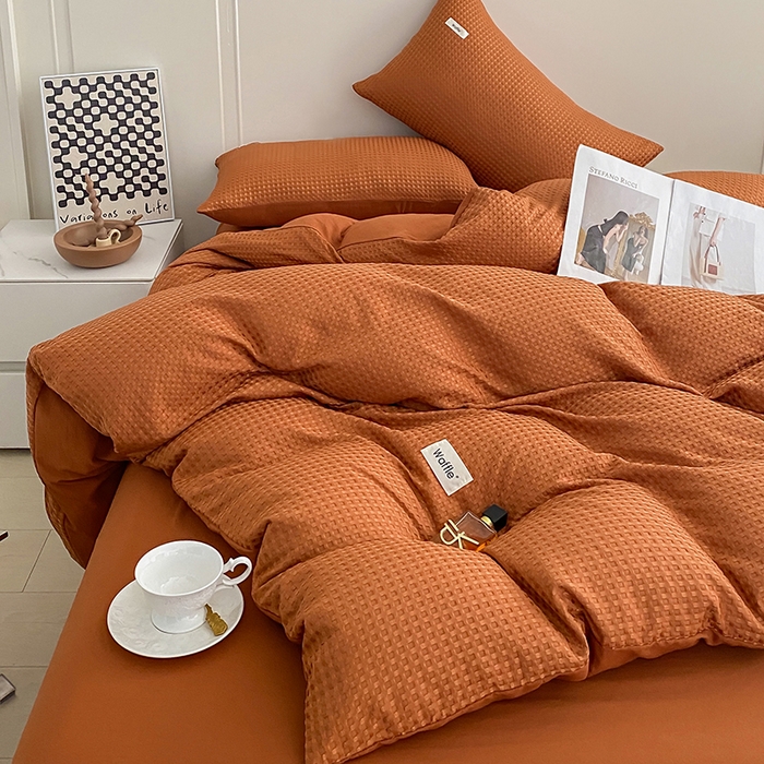 91家纺网 家纺一手货源 找家纺 仟网汇 2025新款华夫格森语系列四件套北欧简约风 焦糖