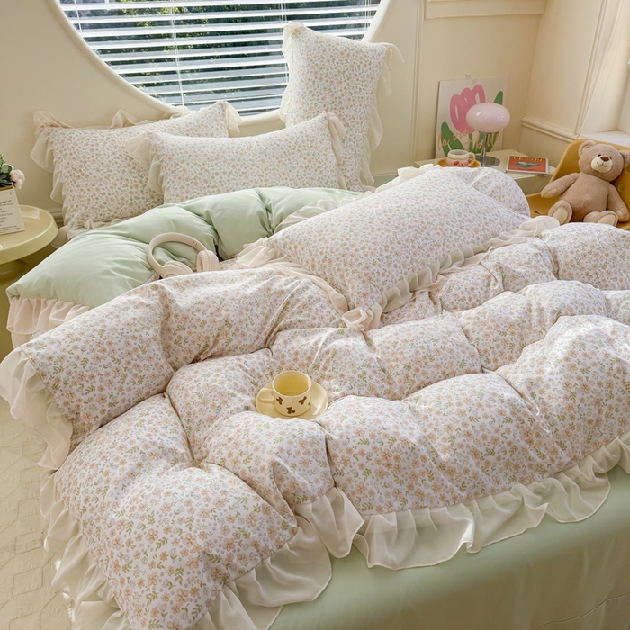 91家纺网 家纺一手货源 找家纺 苏拉家居 2025新款雪纺花边云感提花针织双层纱四件套 繁花