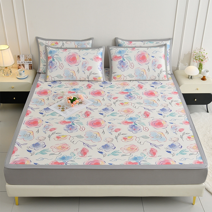 91家纺网 家纺一手货源 找家纺 简一 2025新款A类碳光印花数码冰丝凉席系列-床笠款 玫瑰花园