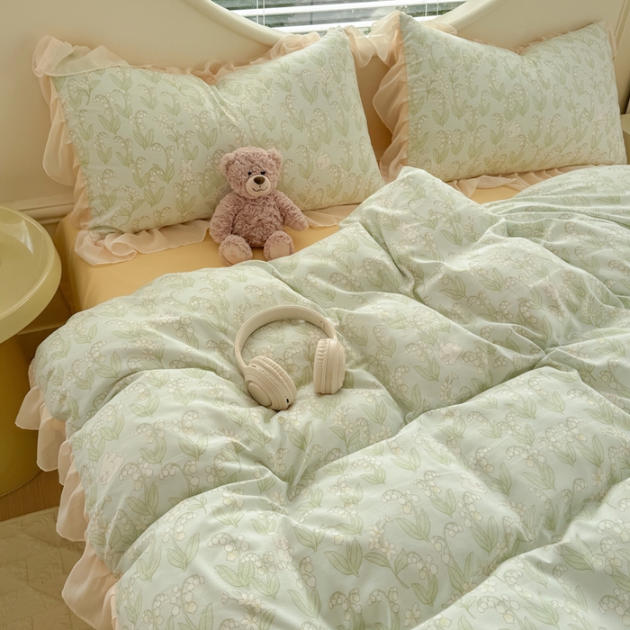 91家纺网 家纺一手货源 找家纺 苏拉家居 2025新款雪纺花边云感提花针织双层纱四件套 风铃草