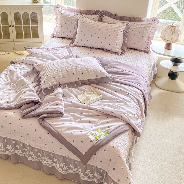 91家纺网 家纺一手货源 找家纺 2025新款直播热款A类针织棉双层纱床盖款夏被四件套 米娅