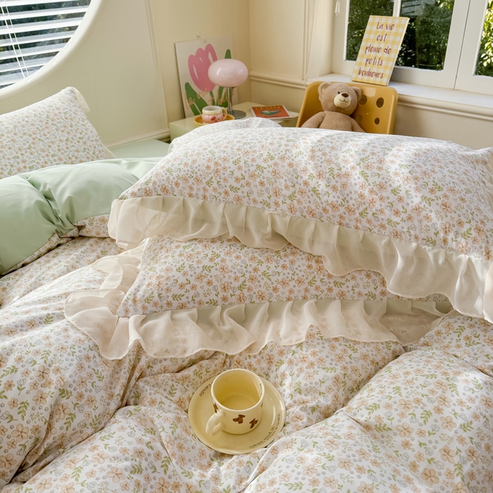 91家纺网 家纺一手货源 找家纺 苏拉家居 2025新款雪纺花边云感提花针织双层纱四件套 繁花