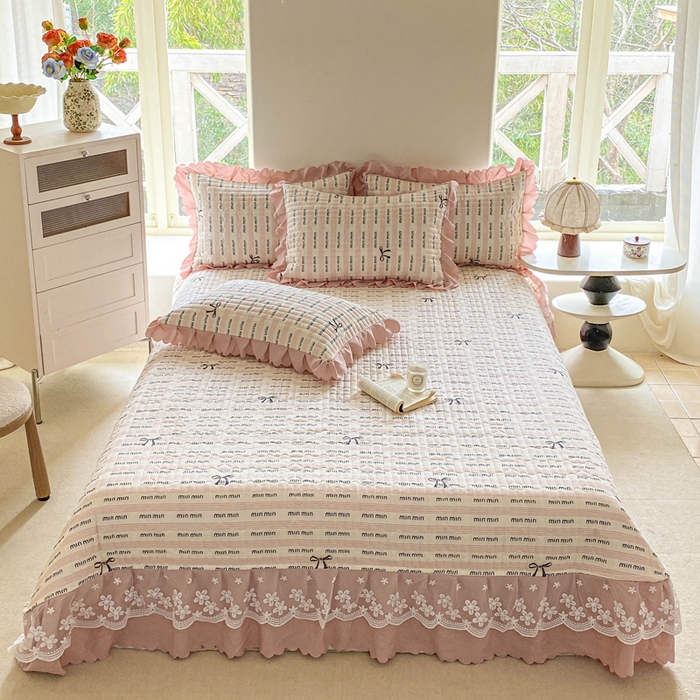 91家纺网 家纺一手货源 找家纺 2025新款直播热款A类针织棉双层纱床盖款夏被四件套 min-粉