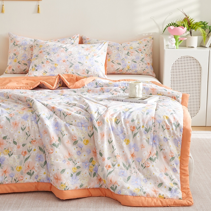 91家纺网 家纺一手货源 找家纺 海洋家纺 2025款水洗棉纯棉花夏凉被全棉花印花夏被空调被薄被子 沁香园桔