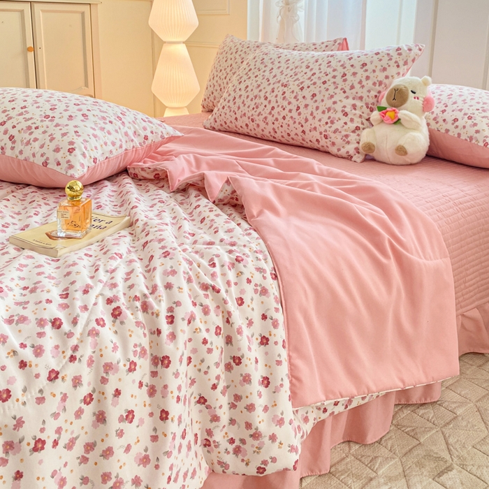 91家纺网 家纺一手货源 找家纺 2025新款针织双层纱夏被床盖四件套单夏被单床盖单品 春日小花