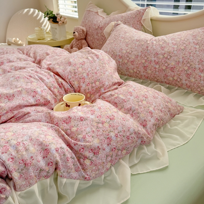 91家纺网 家纺一手货源 找家纺 苏拉家居 2025新款雪纺花边云感提花针织双层纱四件套 蔷薇花开