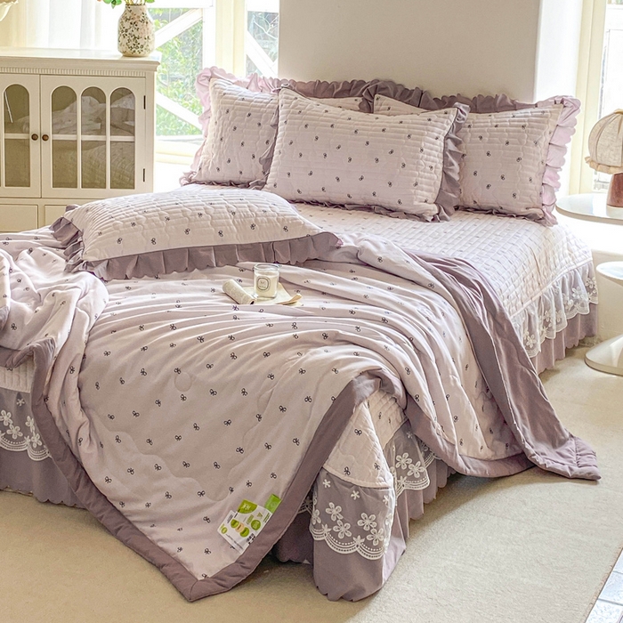 91家纺网 家纺一手货源 找家纺 2025新款直播热款A类针织棉双层纱床盖款夏被四件套 米娅