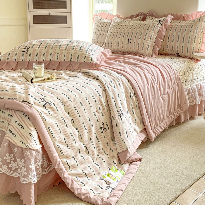 91家纺网 家纺一手货源 找家纺 2025新款直播热款A类针织棉双层纱床盖款夏被四件套 min-粉